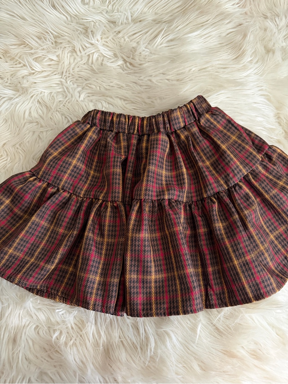 Girls Plaid Tiered Mini Skirt in Burgundy and Mustard